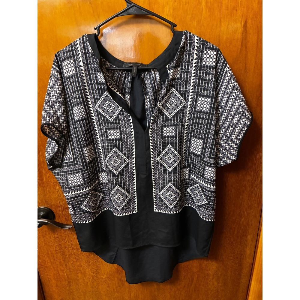 BCBGMAXAZRIA Ayanna Top Womens Small Black White Geometric Print Boho Blouse